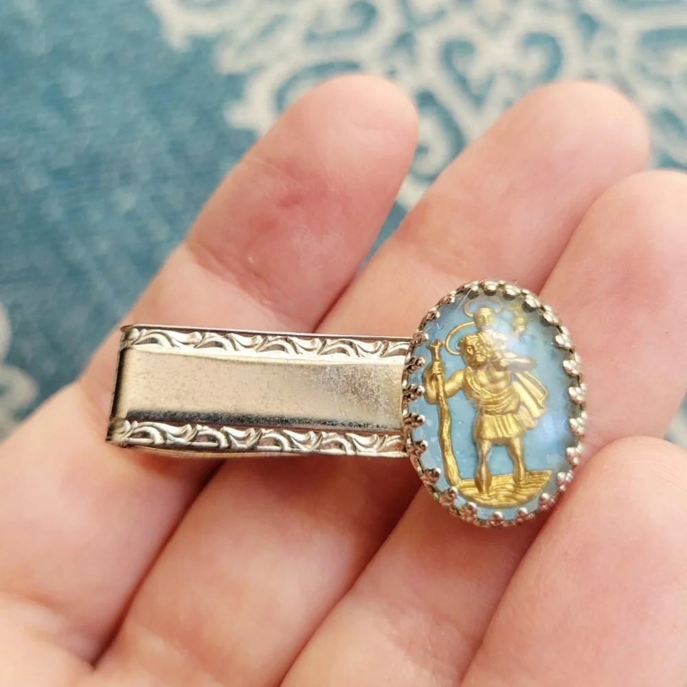 *RARE* Vintage Saint St Christopher Baby Blue, Gold, & Silver Oval Tie Clip